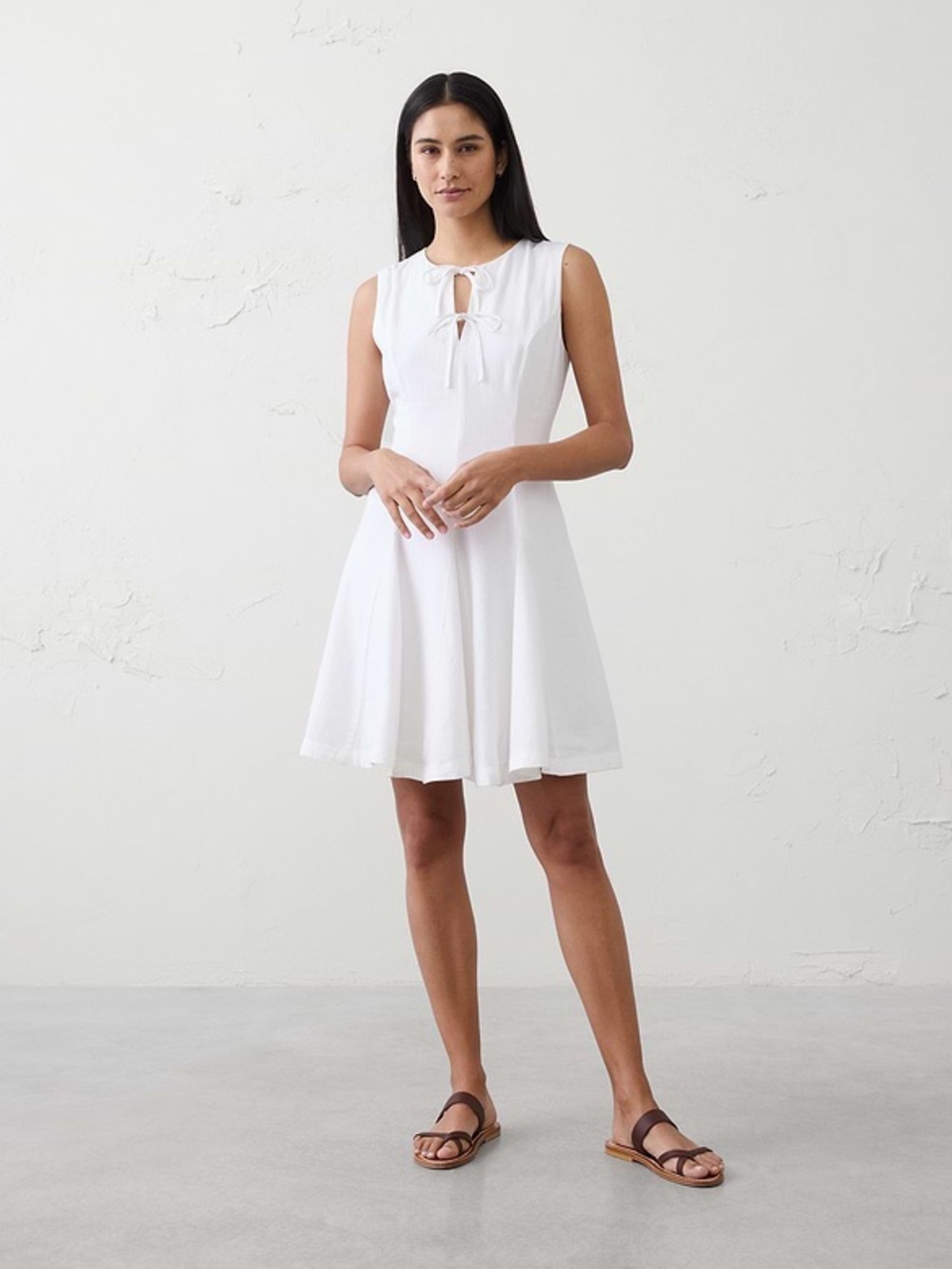 LINEN-BLEND TIE-FRONT MINI DRESS